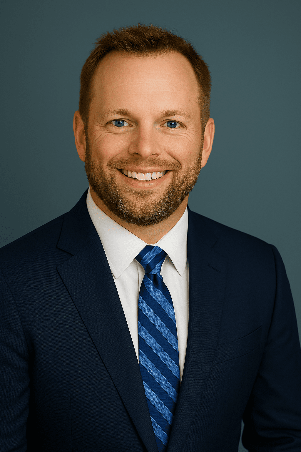A man in a navy blue suit, white shirt, and blue striped tie smiles at the camera against a plain blue background.