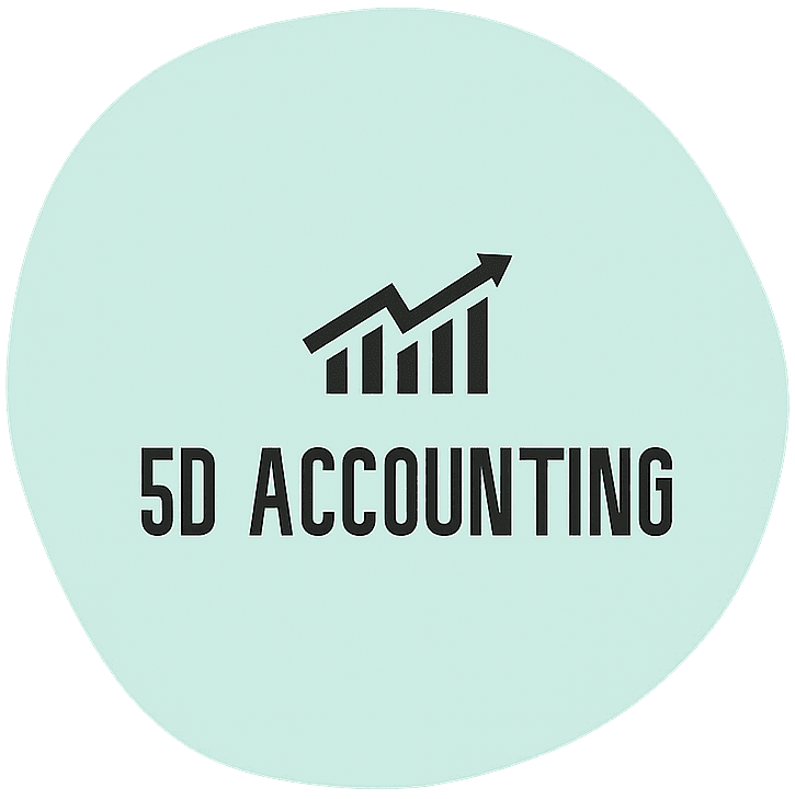 A bar chart with an upward arrow above the text "5D ACCOUNTING" on a light blue irregular circular background.